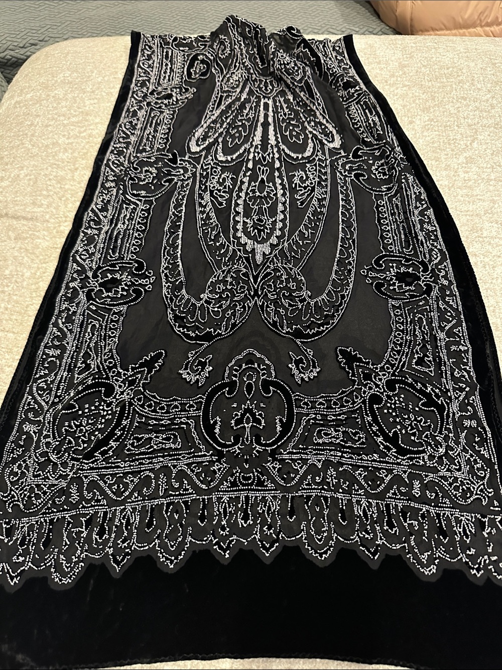 Black Velvet scarf  with White Beaded Embroidery